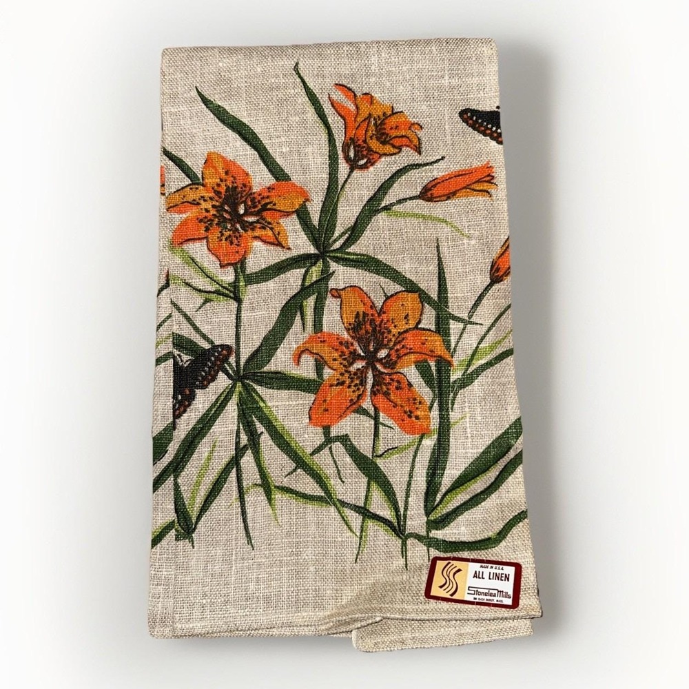 Vintage Linen Tea Towel - Stonelea Mills - Tiger Lillies & Butterflies - 60s NOS